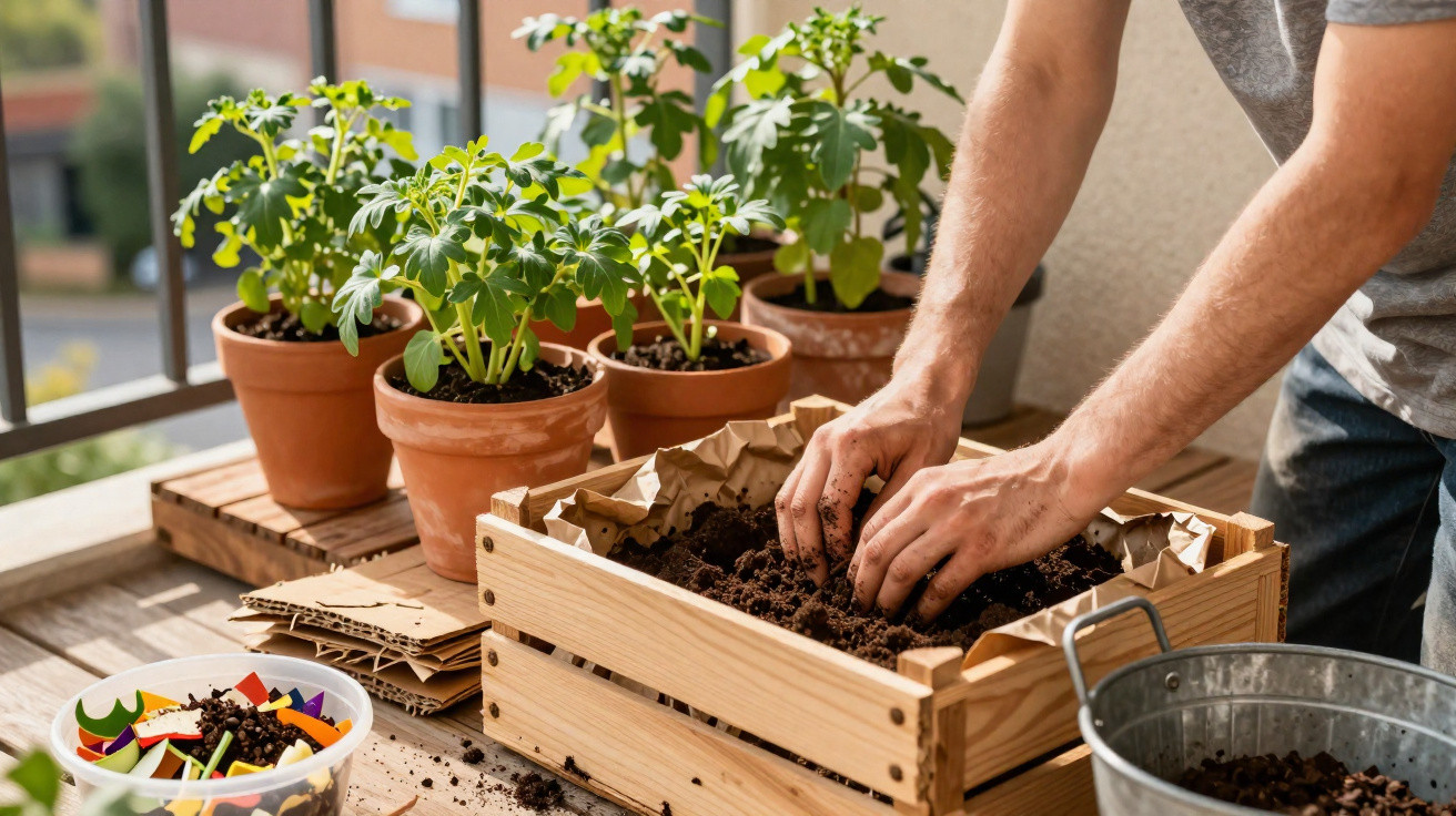 Person preparing soil in a wooden planter box on a balcony with potted plants and gardening tools nearby.