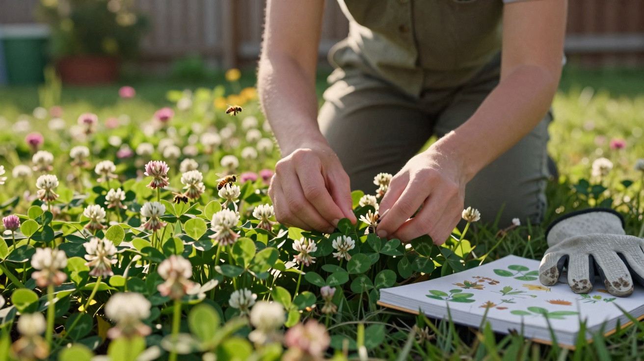 Person kneeling in a garden studying clover flowers and leaves with a field guide and gardening gloves nearby.