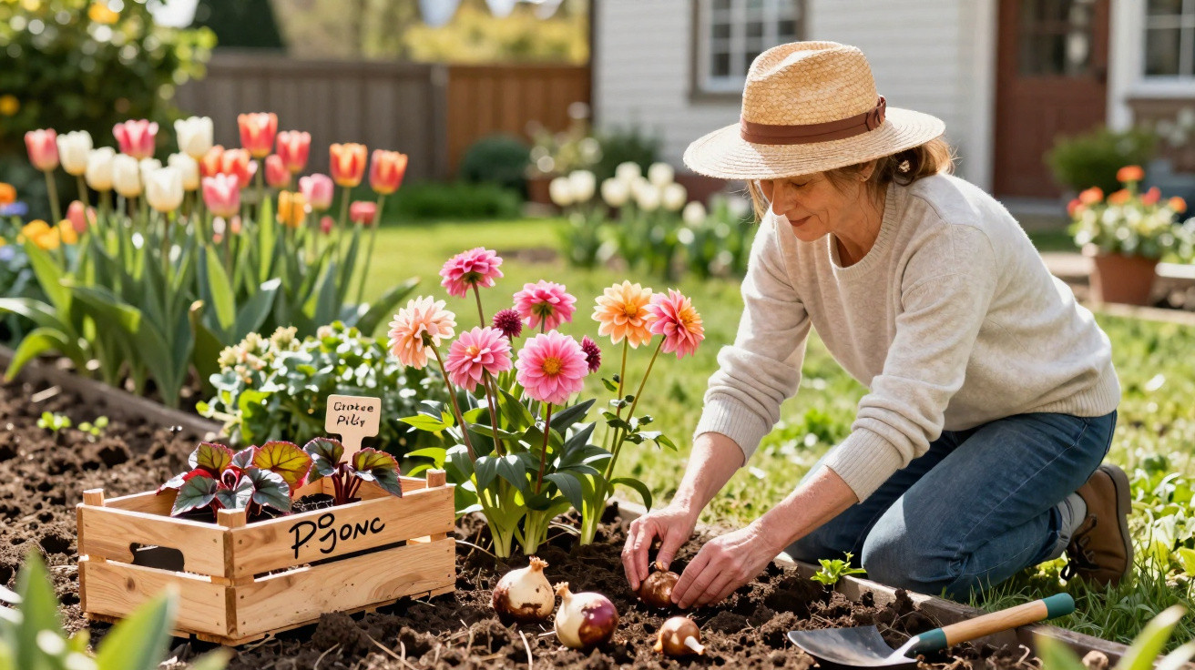 Woman wearing a straw hat planting flower bulbs in a sunny garden bed with colourful flowers nearby.