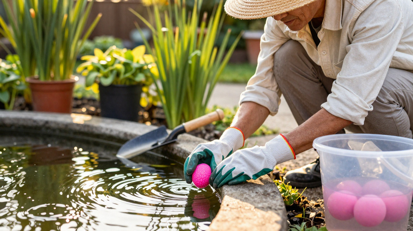 Person wearing gloves and a hat placing a pink ball into a garden pond with plants in the background.