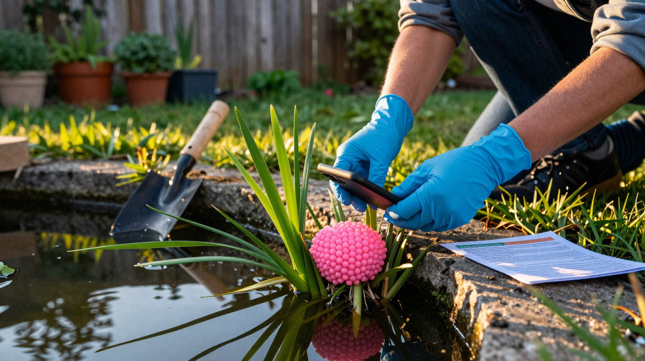 Person wearing blue gloves taking close-up photo of pink waterborne device in garden pond near shovel and paper document