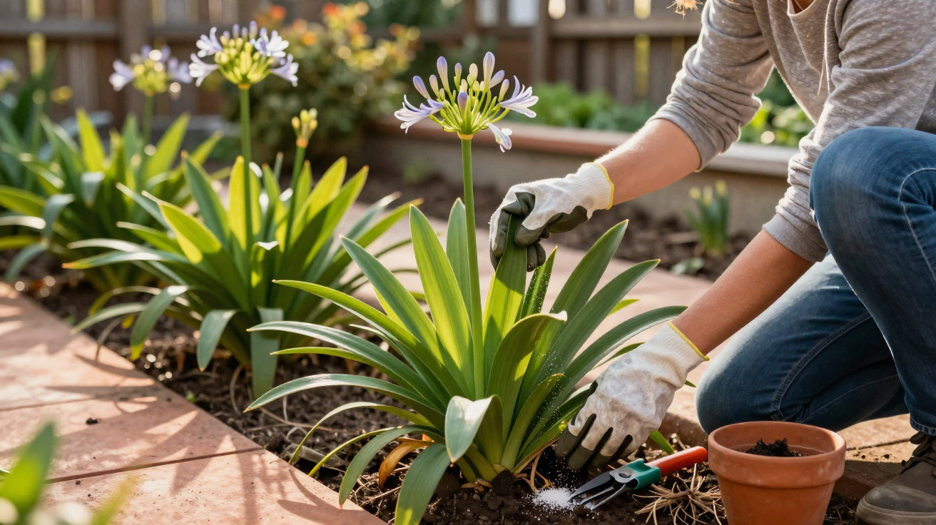 Person wearing gloves tending to agapanthus plants in a garden bed on a sunny day