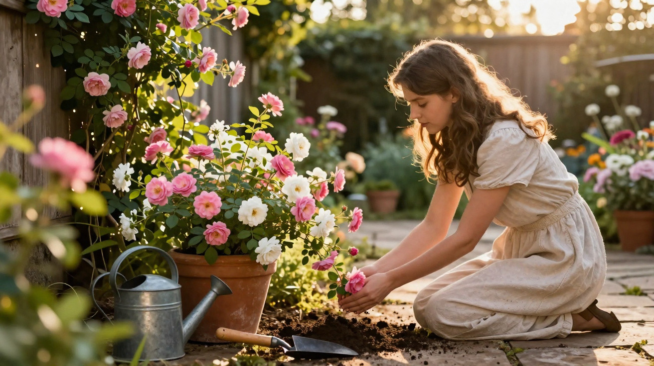 Young girl in a cream dress gardening, planting flowers beside a wooden fence in a sunny backyard.