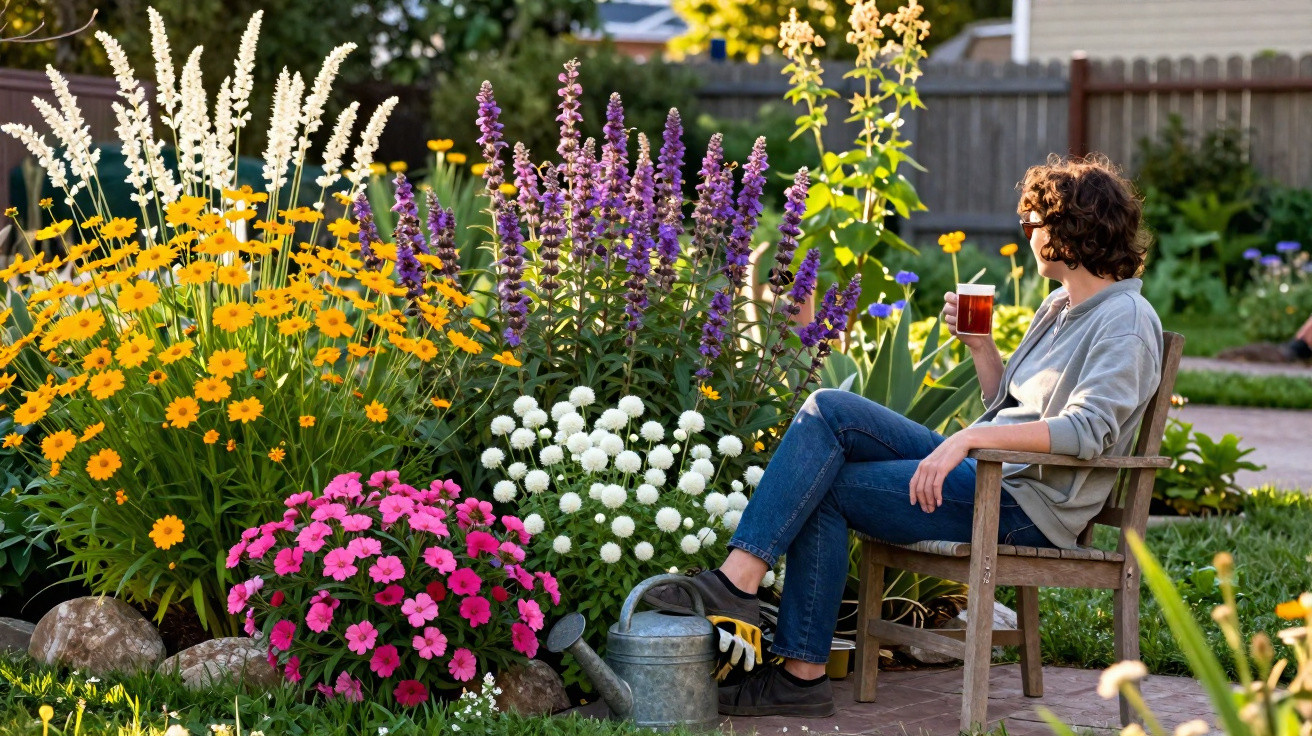 Person sitting on a wooden chair drinking tea, surrounded by vibrant flowers and gardening tools in a backyard garden.