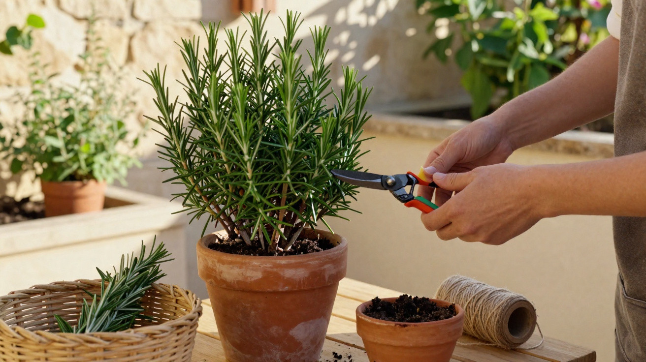 Person pruning a rosemary plant in a terracotta pot on a wooden table outdoors.