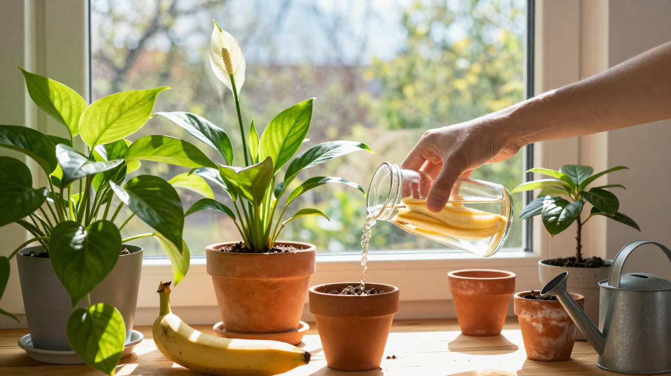 Hand pouring banana peel water into a small terracotta pot on a windowsill with green houseplants.