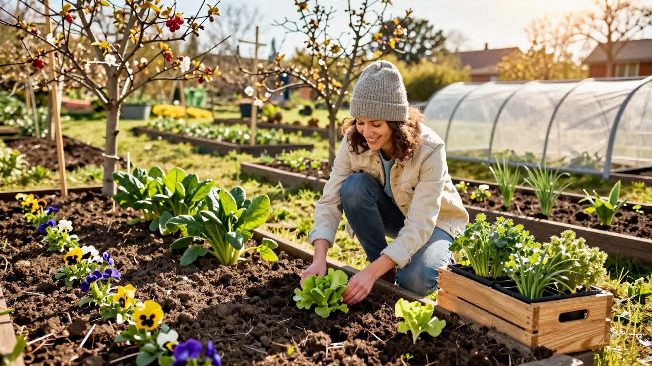 Woman in a beanie planting lettuce in a raised garden bed surrounded by flowers and plants on a sunny day.