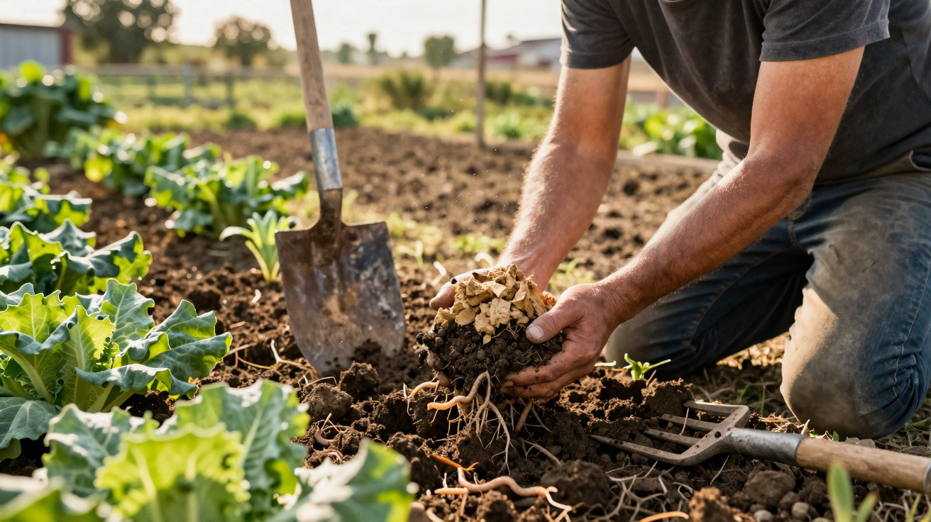 Person holding soil with plant roots in a vegetable garden, kneeling next to a spade and garden fork.