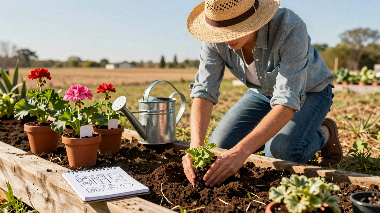 Person wearing a hat planting flowers in a raised garden bed with pots, watering can, and notebook nearby.