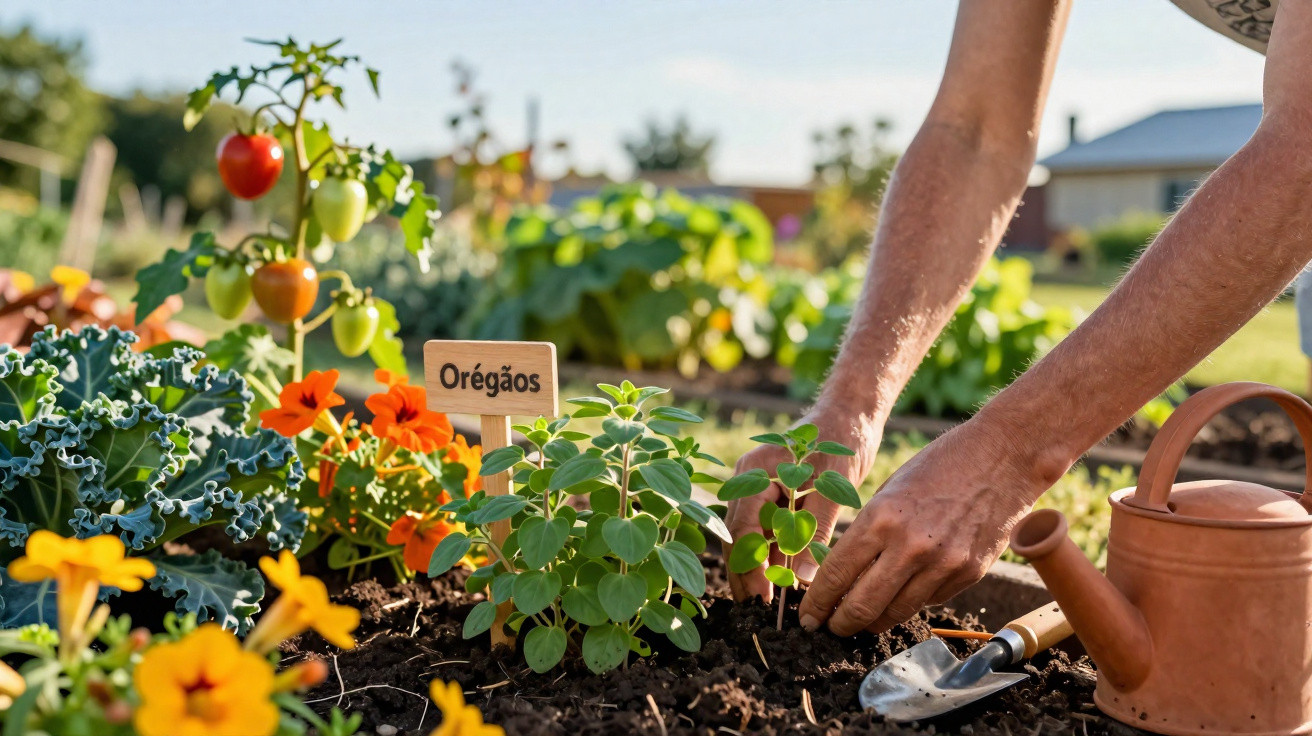 Person planting oregano in a garden bed surrounded by flowers, tomatoes, and a watering can.