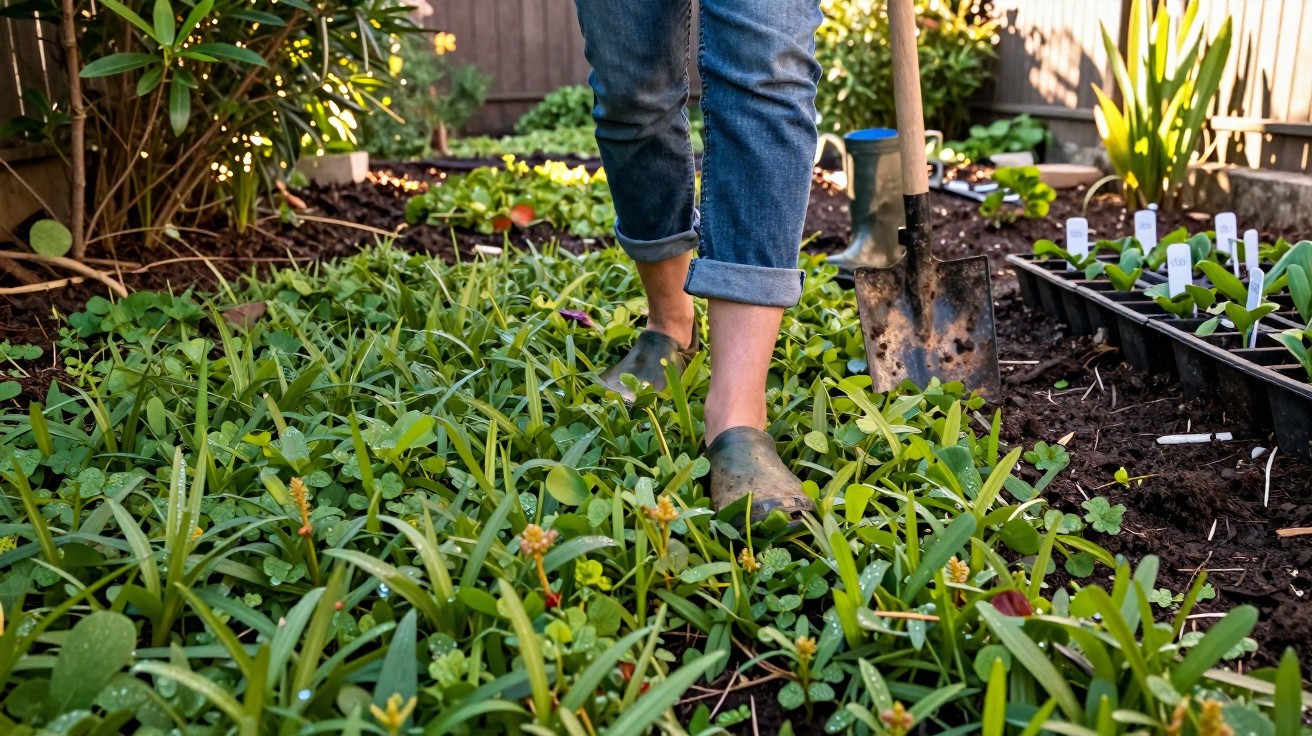 Person wearing rolled-up jeans and green clogs walking through a garden bed with plants and a spade nearby.