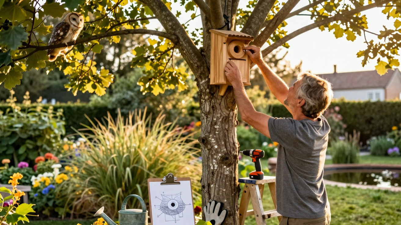 Man installing wooden birdhouse on tree in garden with owl perched on branch nearby at sunset
