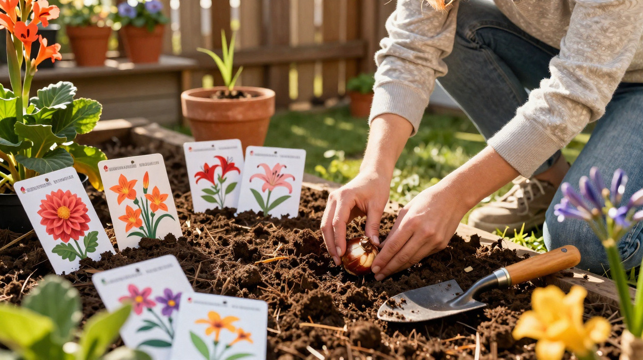 Person planting a flower bulb in soil with labelled flower seed packets and a small garden trowel nearby.