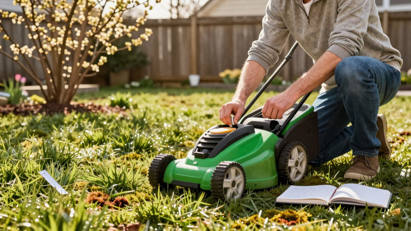 Person kneeling to start a green lawn mower on a grassy garden with an open notebook nearby.