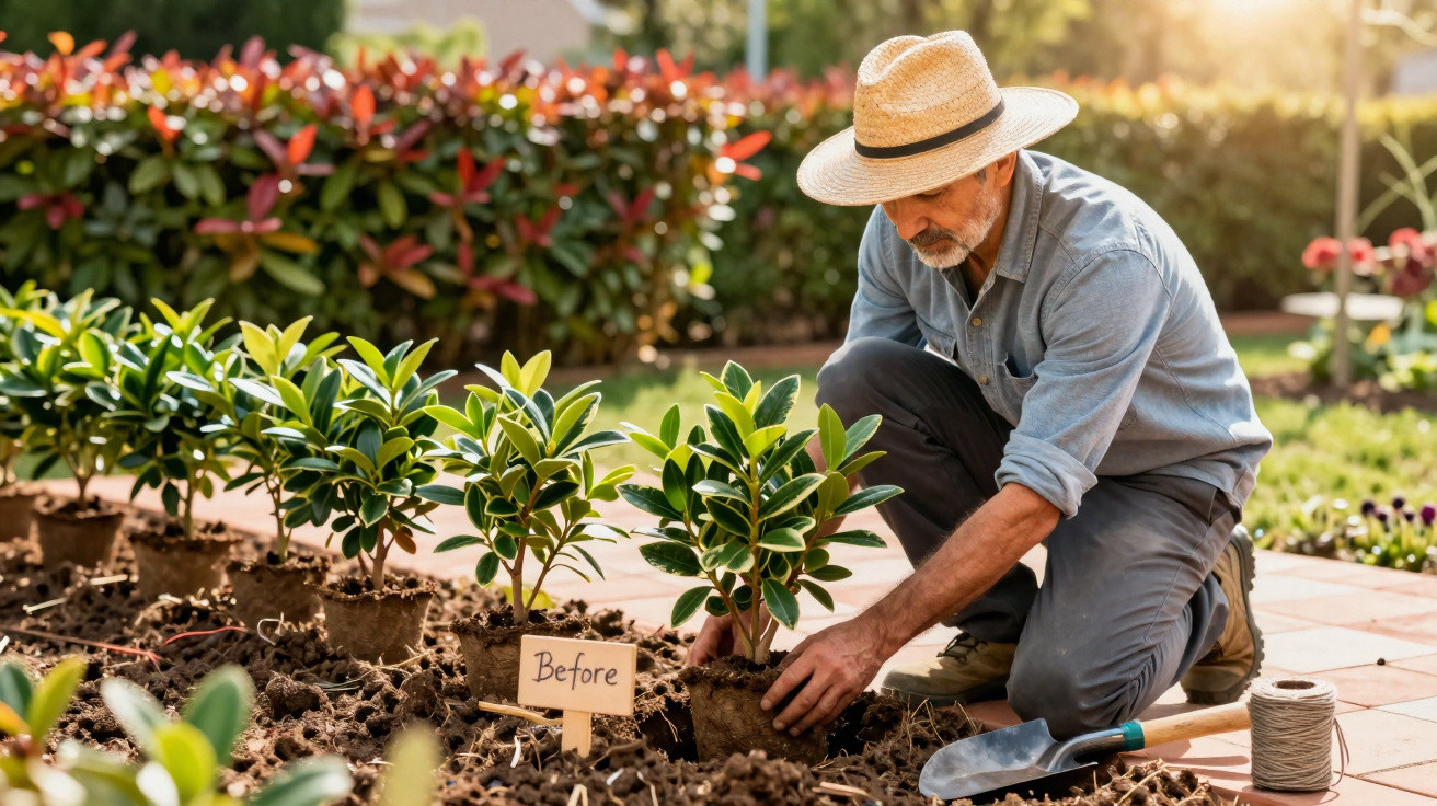 Man wearing a straw hat planting saplings labelled "Before" in a garden with gardening tools nearby.