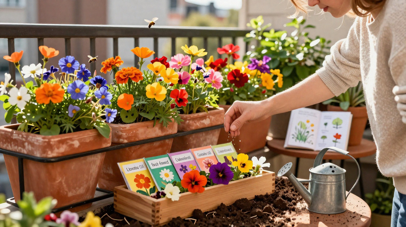 Person planting seeds next to colourful potted flowers on a balcony garden with bees flying nearby.