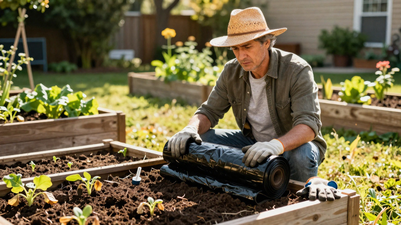 Man wearing gloves and a straw hat rolling out black plastic mulch in a raised garden bed with young plants.