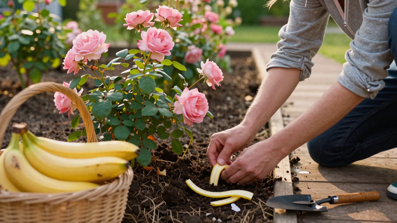 Person kneeling in a garden bed beside pink rose bushes planting banana peel pieces in the soil with a basket of bananas near