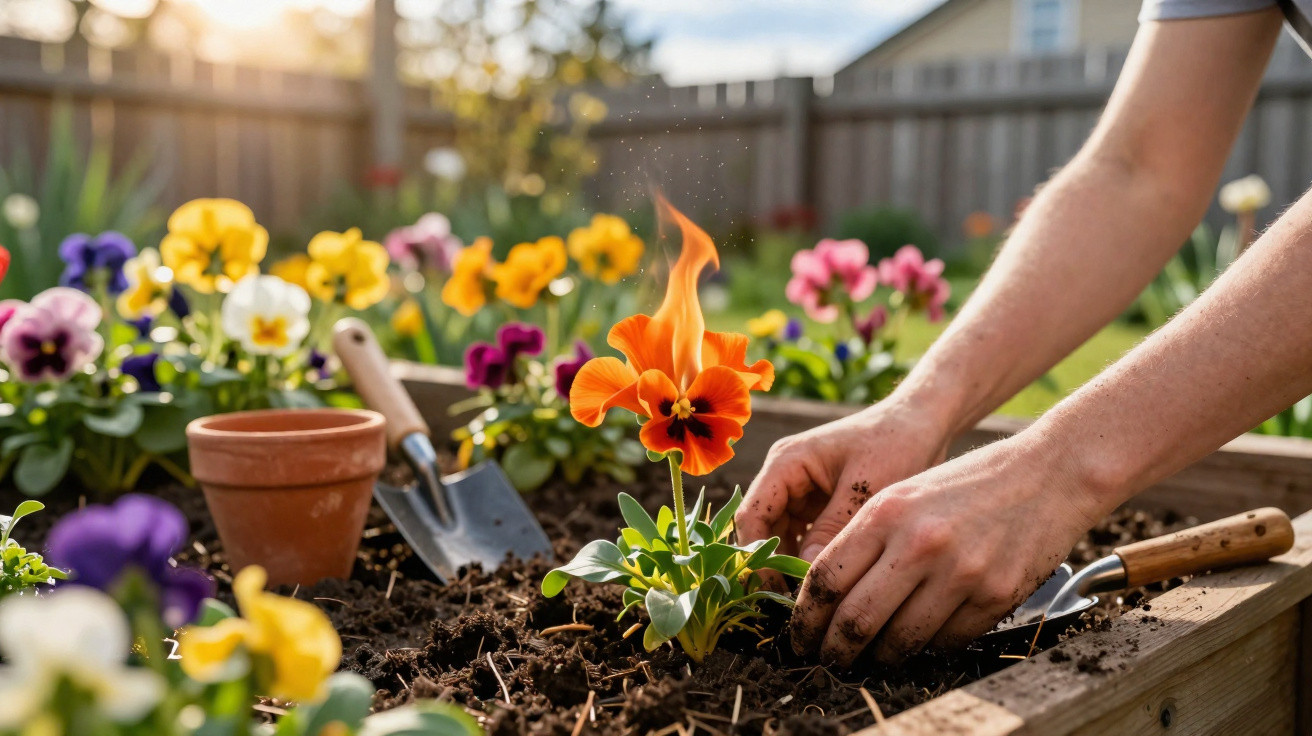 Hands planting an orange flower in soil with gardening tools and colourful flowers in the background.