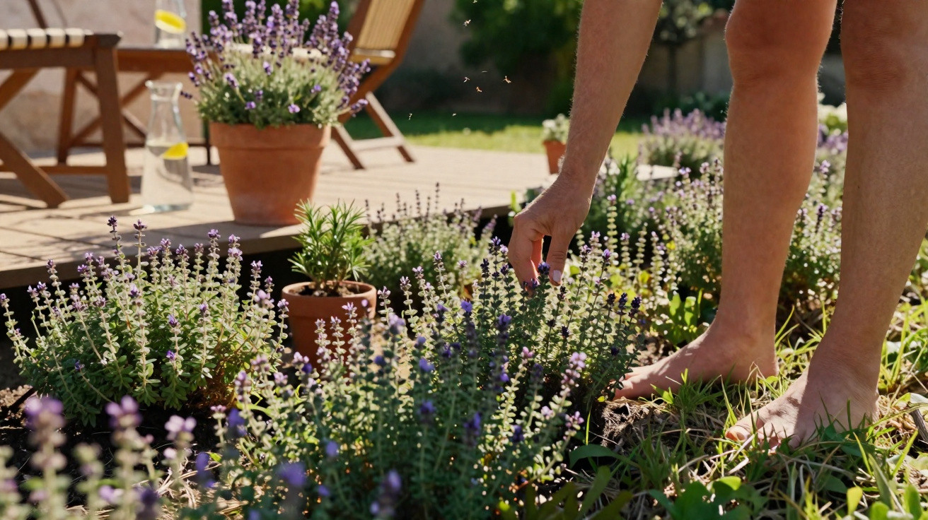 Barefoot person picking lavender flowers in a sunlit garden beside a wooden deck with potted plants.