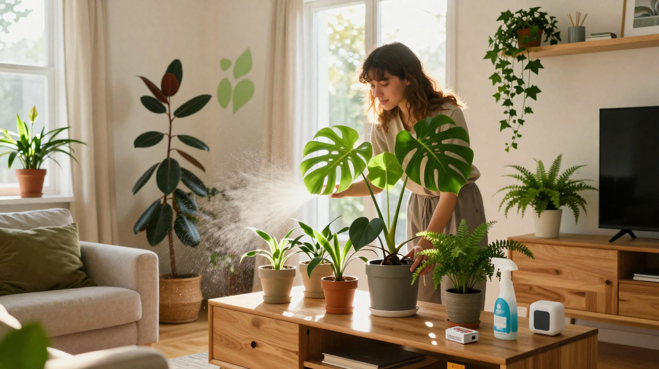 Woman watering multiple potted plants on a wooden table in a bright, cosy living room with natural light.