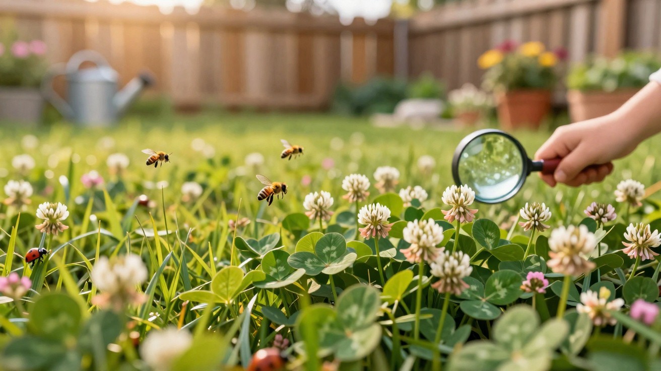 Close-up of a hand holding a magnifying glass over clover flowers with bees and ladybirds in a garden.