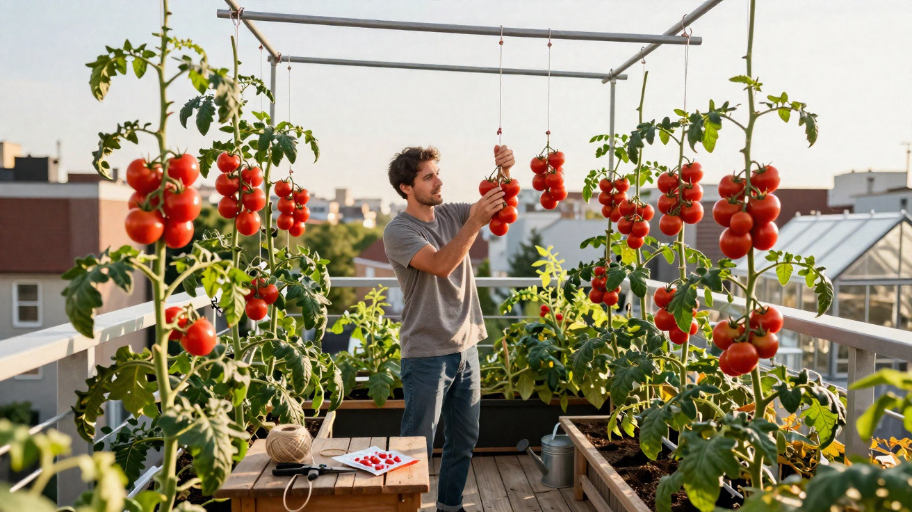 Man tending to ripe tomatoes hanging on strings in an urban rooftop garden on a sunny day.