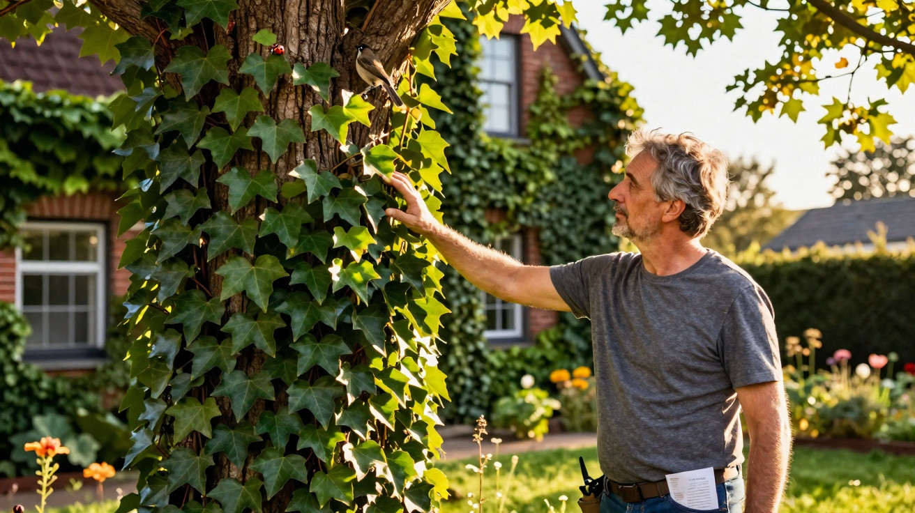Man reaching out to a bird on an ivy-covered tree in a sunny garden with houses in the background