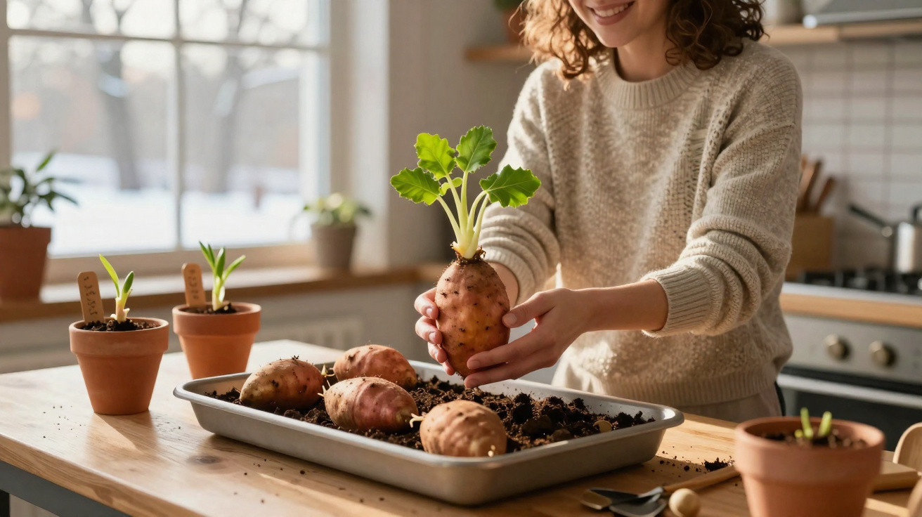 Person holding a sprouting sweet potato over a tray with soil and sweet potatoes on a kitchen table.