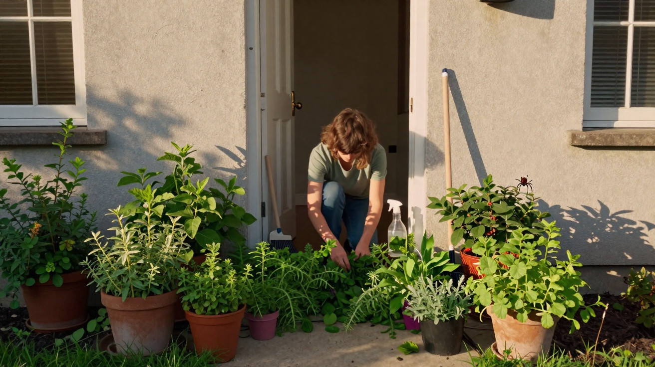 Person kneeling on a doorstep tending to various potted plants in the sunlight outside a house.