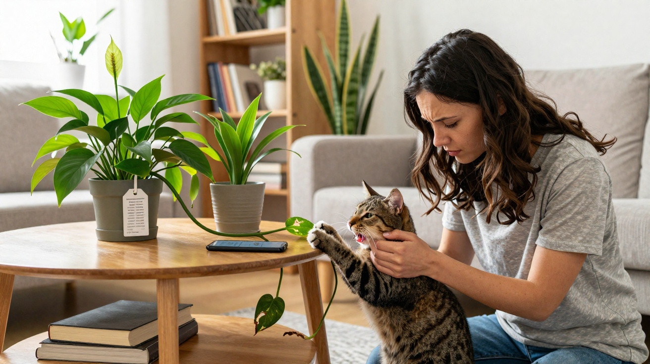 Woman gently holding an agitated tabby cat near a table with plants and a phone in a living room.