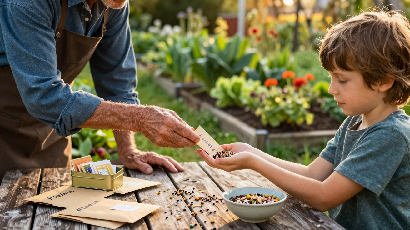 A senior person handing seed packets to a child seated at a wooden table in a garden.