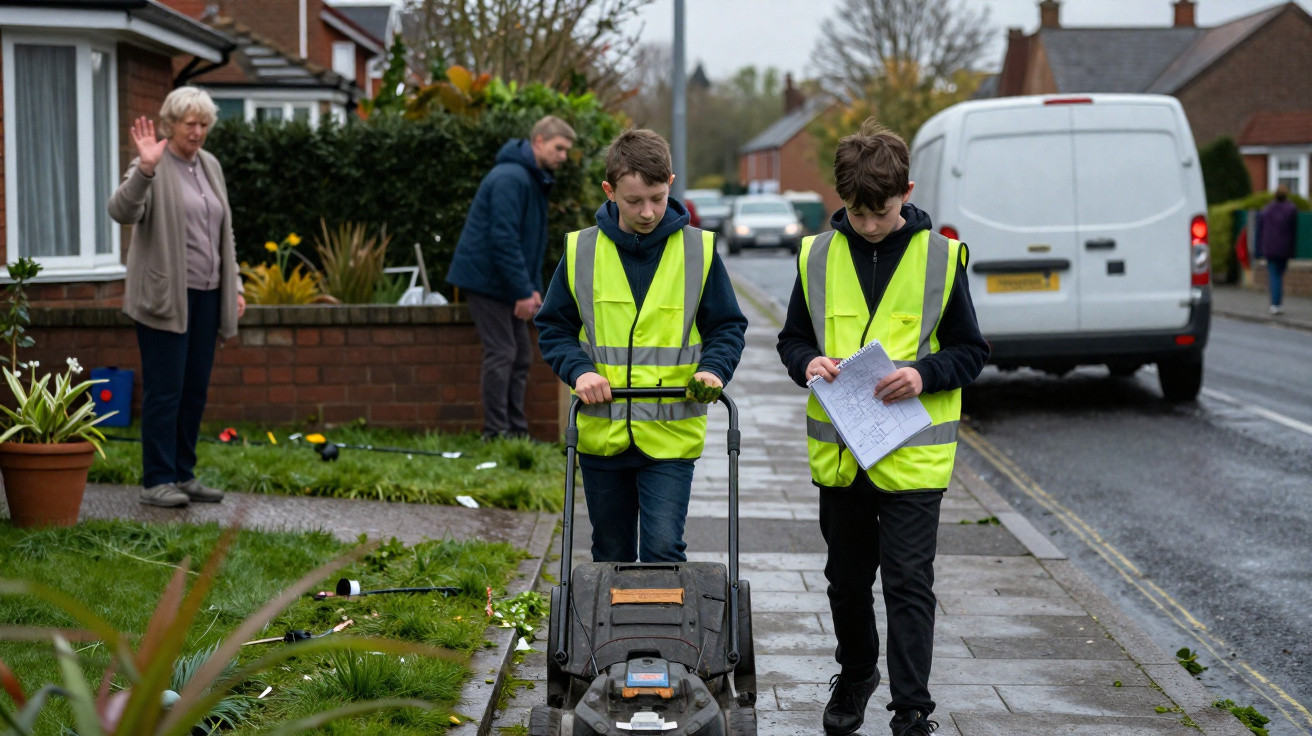 Two boys in high-visibility vests mowing grass and checking a plan on a residential street with adults nearby.