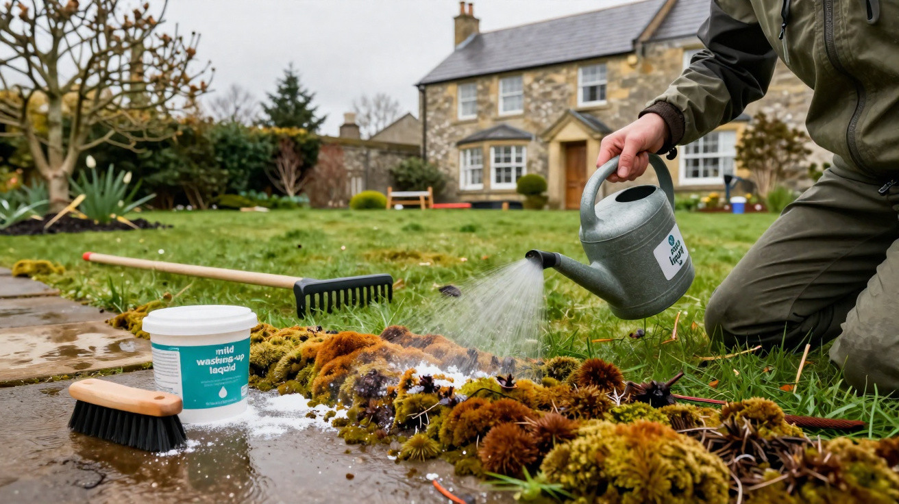 Person watering moss and plants along a garden path outside a stone house on a cloudy day.