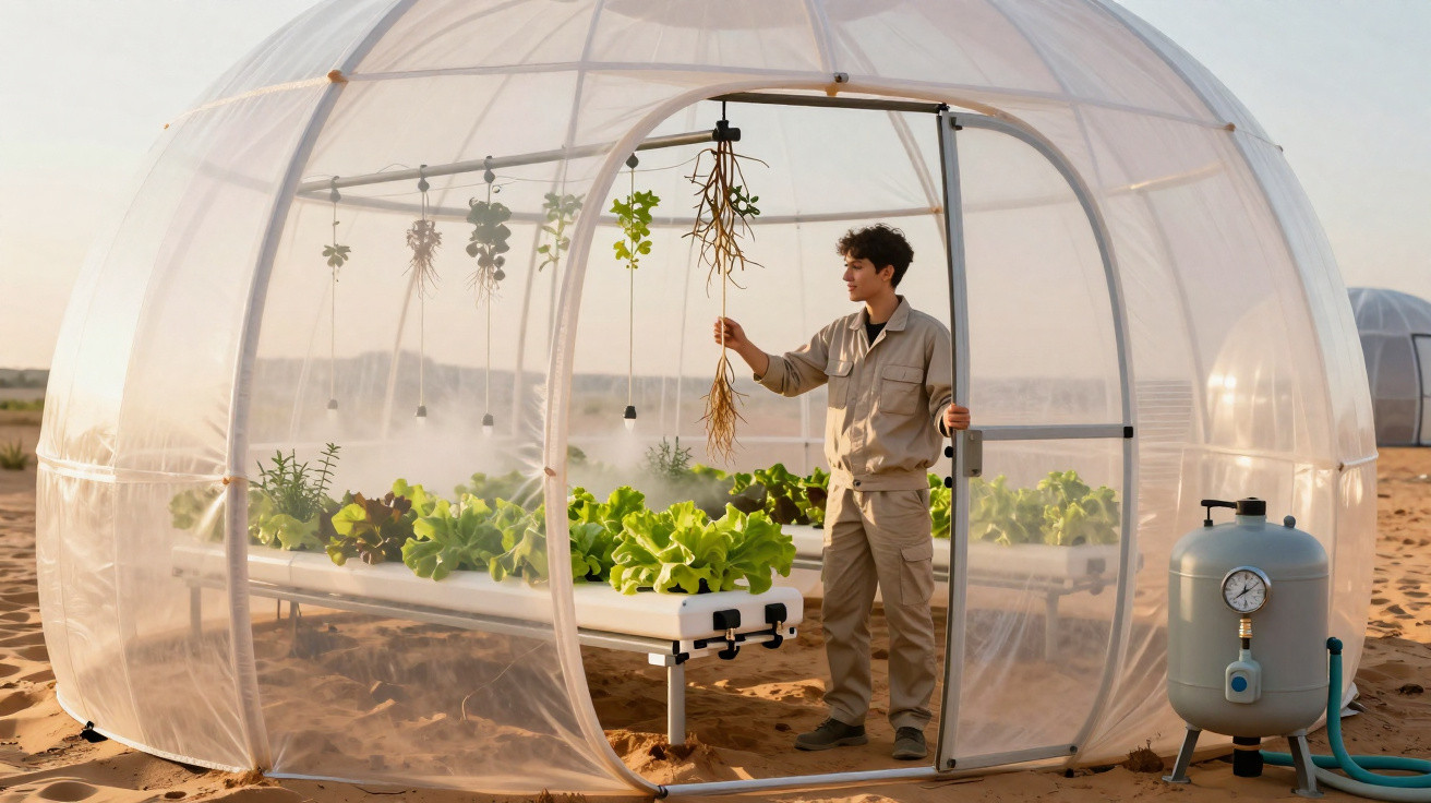 Young man examining hydroponic plants inside a transparent dome greenhouse in a desert setting.