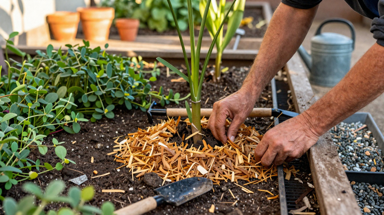 Hands mulching soil around a young green plant in a raised garden bed with gardening tools nearby.