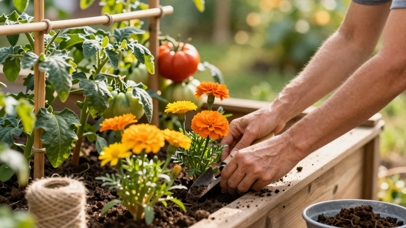 Hands planting orange and yellow marigolds in a raised garden bed with tomato plants and gardening tools nearby.
