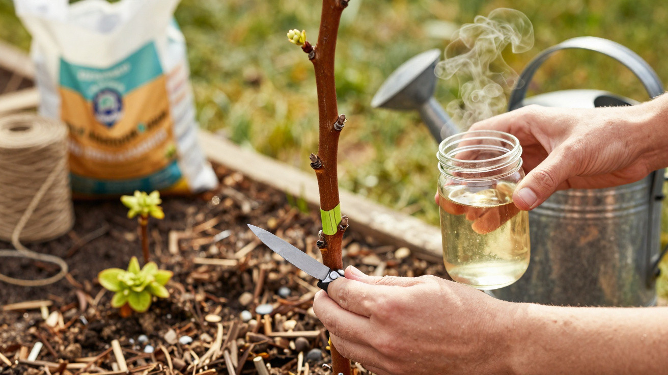 Hands grafting a young tree branch with a knife and a steaming jar of liquid in a garden bed.