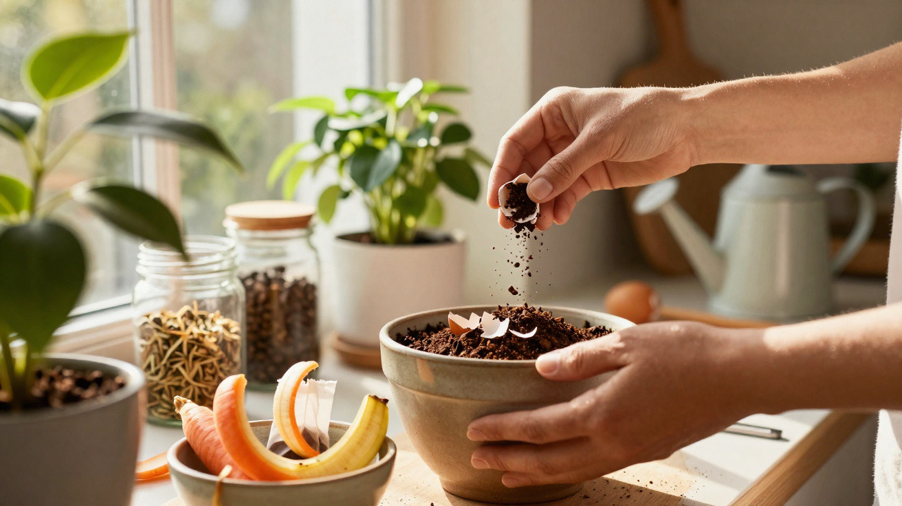 Hands adding coffee grounds and eggshells to a bowl for composting on a kitchen windowsill.