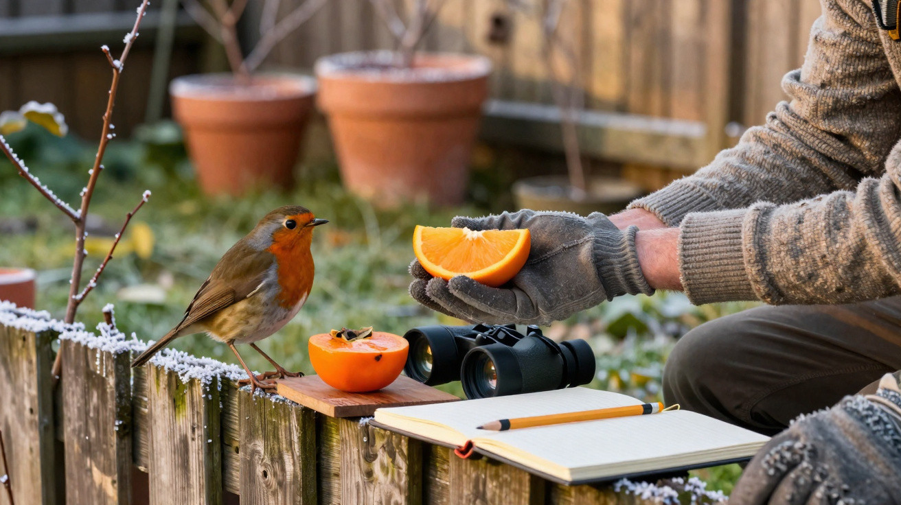 Robin perched on frosty wooden fence near open notebook, binoculars, and gloved hand holding an orange half outdoors.