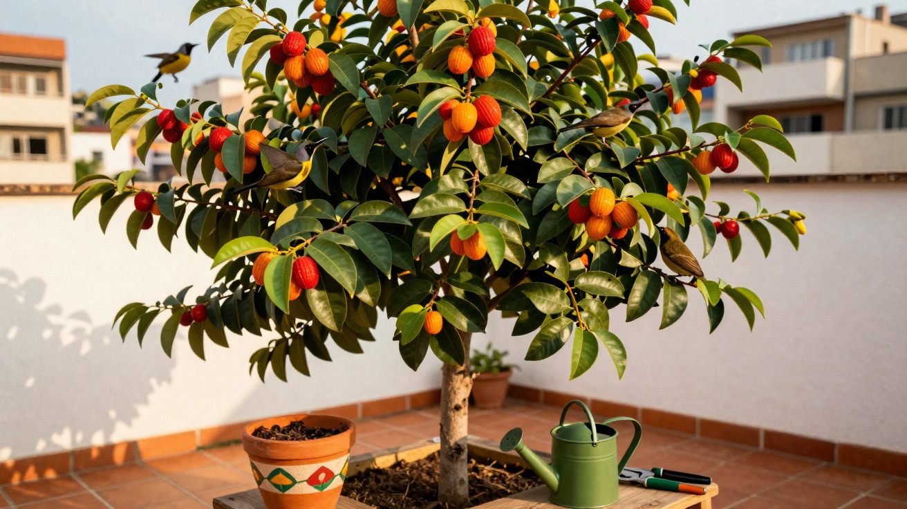 Small tree with green leaves and orange-red fruit on a patio, with a watering can and pot nearby.