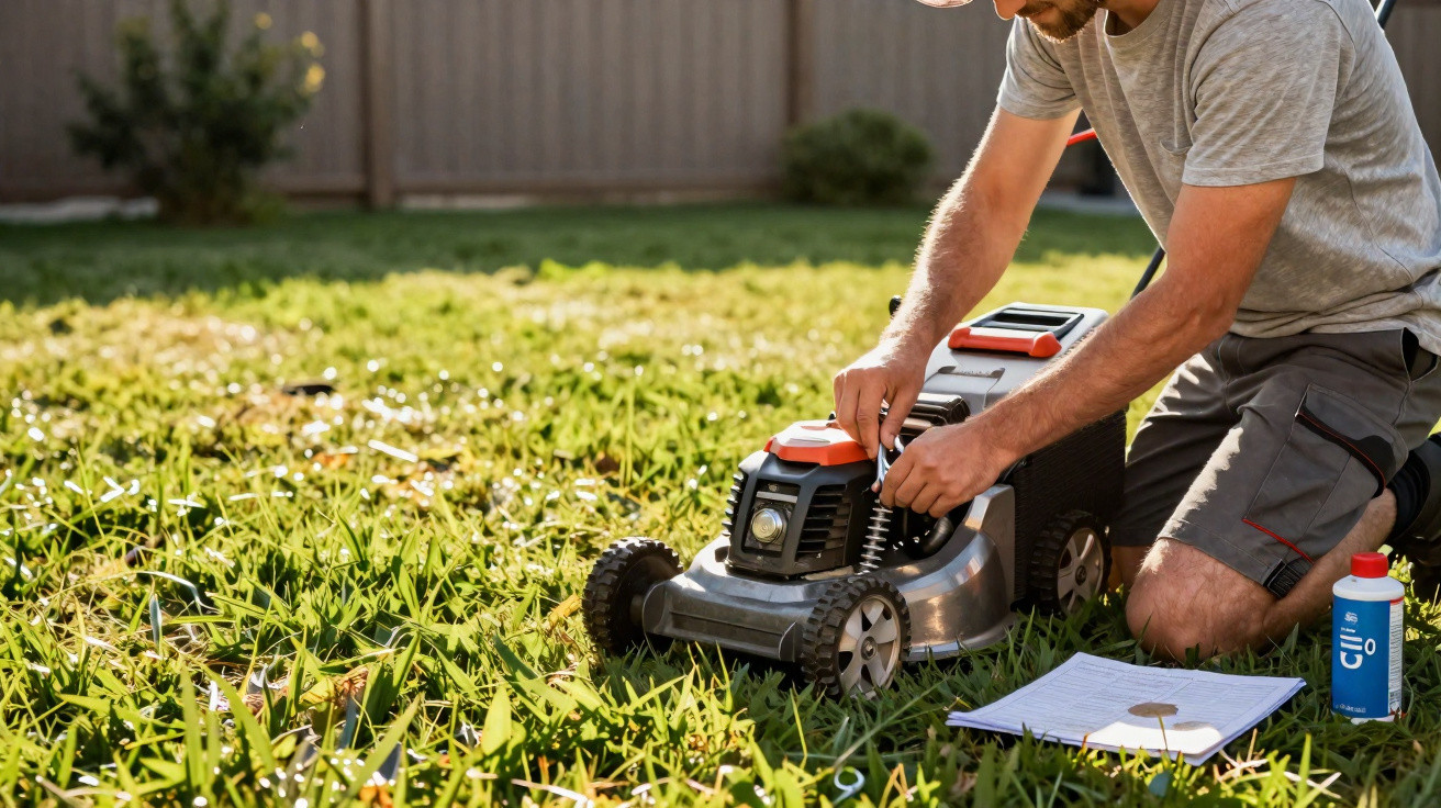 Man kneeling on grass repairing an electric lawn mower with tools, paper, and spray can nearby.
