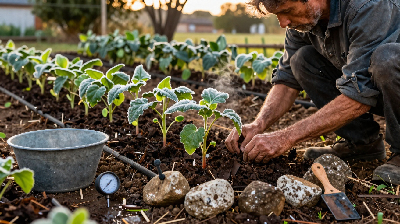 Man tending young plants in a garden bed with watering system, rocks, and gardening tools at sunset.