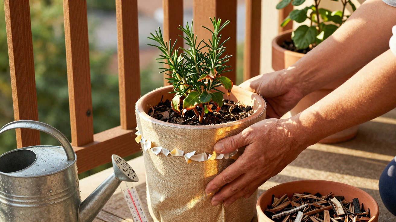 Hands holding a potted herb plant on a balcony with a watering can and mulch nearby in sunlight.