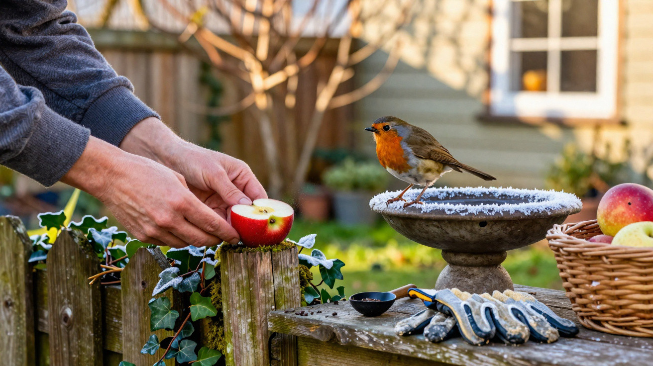 Person placing half an apple on a frosted birdbath beside a robin in a garden.