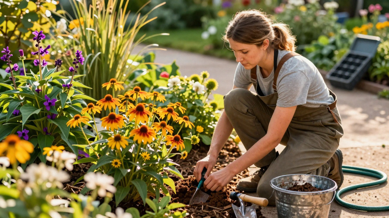 Woman wearing overalls planting flowers in a colourful garden bed on a sunny day.