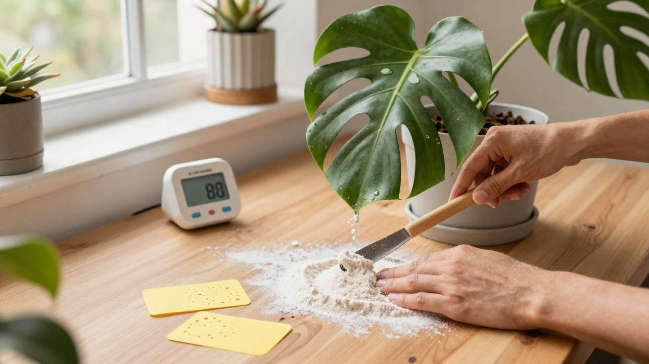 Person mixing soil and water with a spatula near a monstera plant on a wooden table.