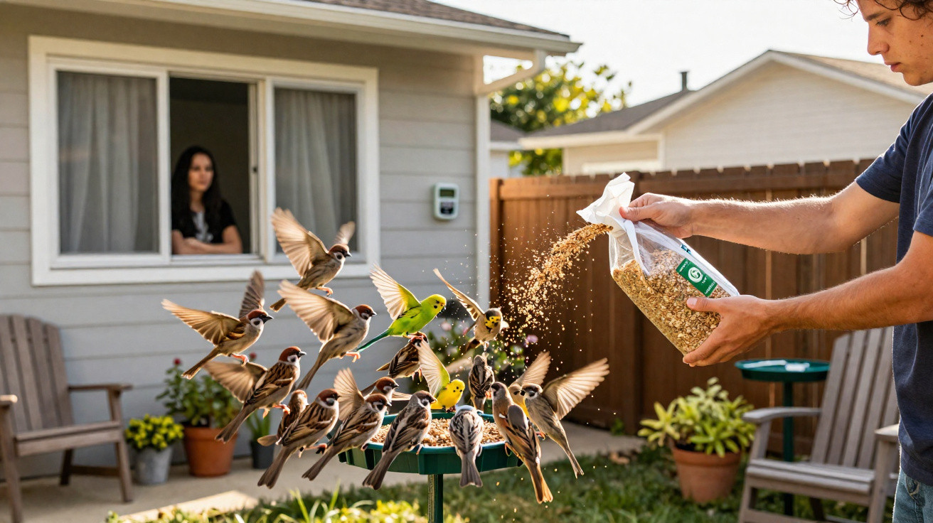 Person feeding a flock of sparrows and budgerigars on a bird feeder in a backyard garden.