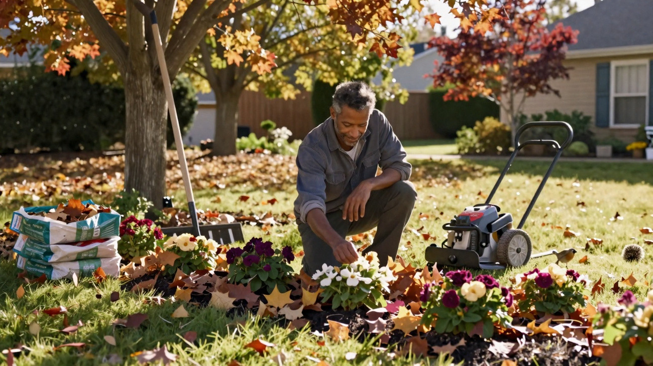 Man gardening among autumn leaves with flowers, lawnmower, and gardening supplies in suburban yard.