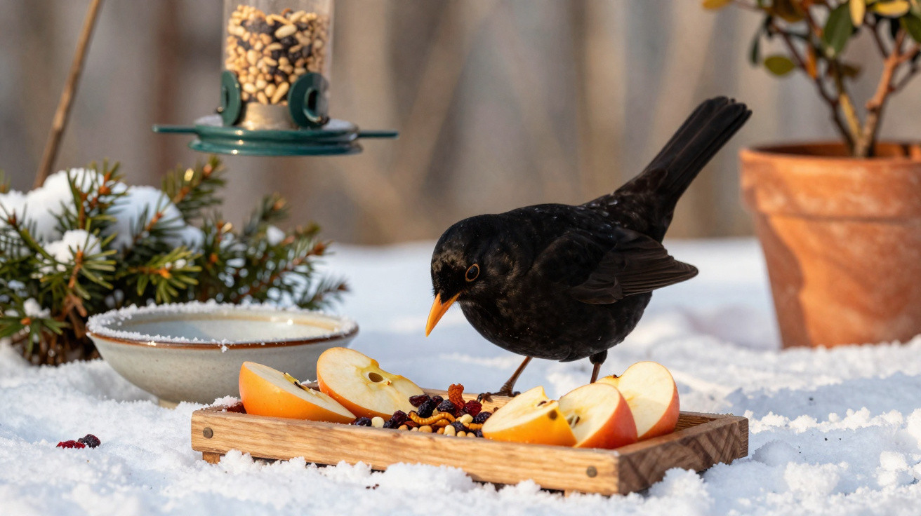 Blackbird pecking at sliced apple and seeds on a wooden tray in snowy garden with bird feeder above.